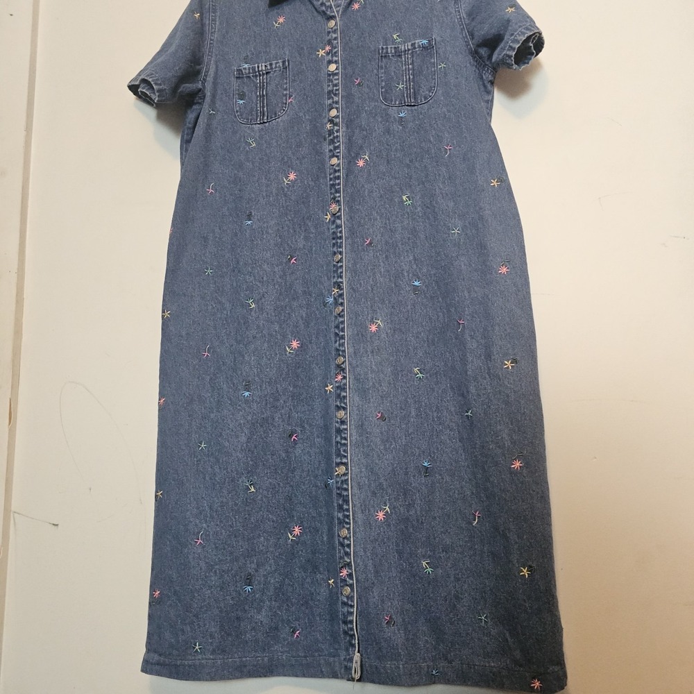Vintage 90s Turquoise Blue Denim Floral Dress Large 100% Cotton Tshirt Dress - Picture 3 of 10